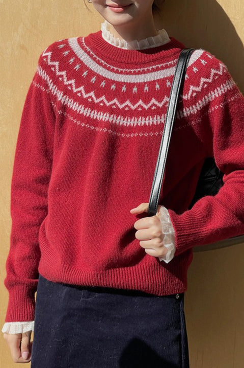 Suéter minimalista suelto de cuello redondo con bloques de color y diseño Fair Isle