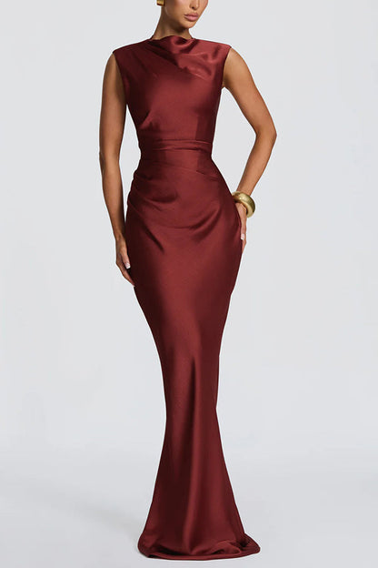 Avielle Satin High Neck Back Asymmetric Pleated Lace-up Drape Maxi Dress