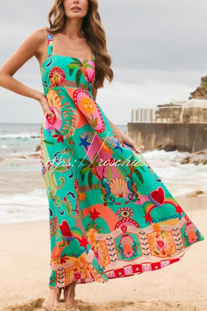 Unique Print Square Neck Spaghetti Strap Back Pleated Casual Maxi Dress