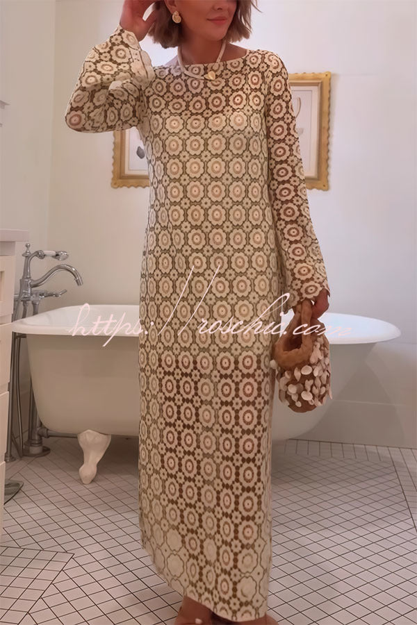 Summer Fashion Floral Crochet Cutout Fabric Long Sleeve Slit Vacation Midi Dress
