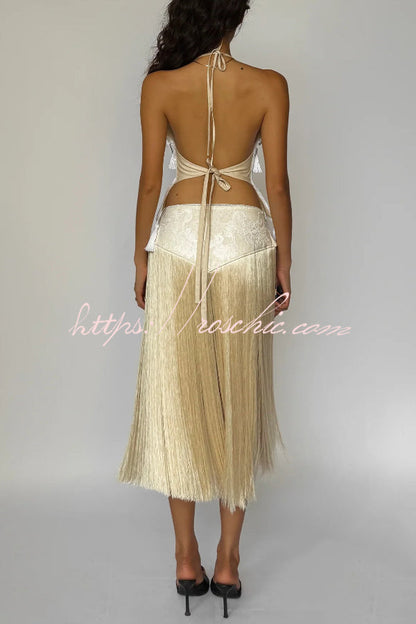 Fashionable Lace Appliqué Tassel Hem Vacation Maxi Skirt