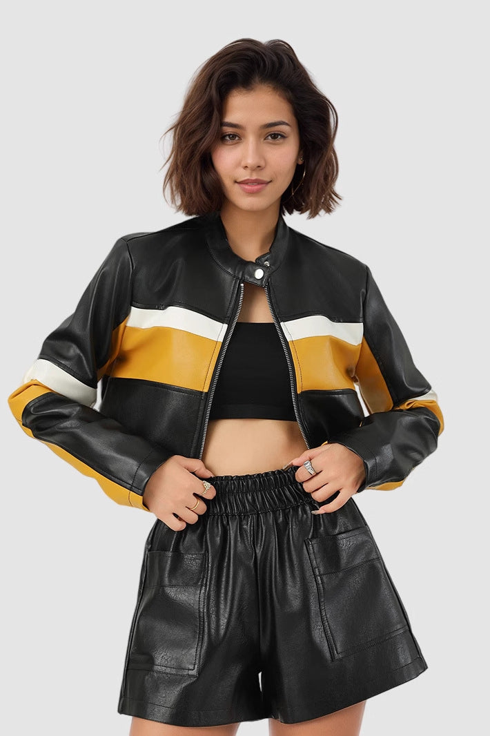 Chaqueta corta de PU colorblock
