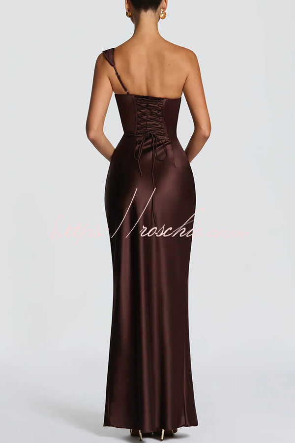 Thalassa Satin One Shoulder Scooped Neck Bias Cut Pleated Maxi Dress