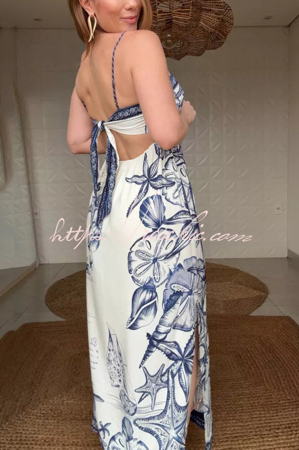 Starfish Print Sleeveless Square Neckline Back Tie-up Vacation Maxi Dress