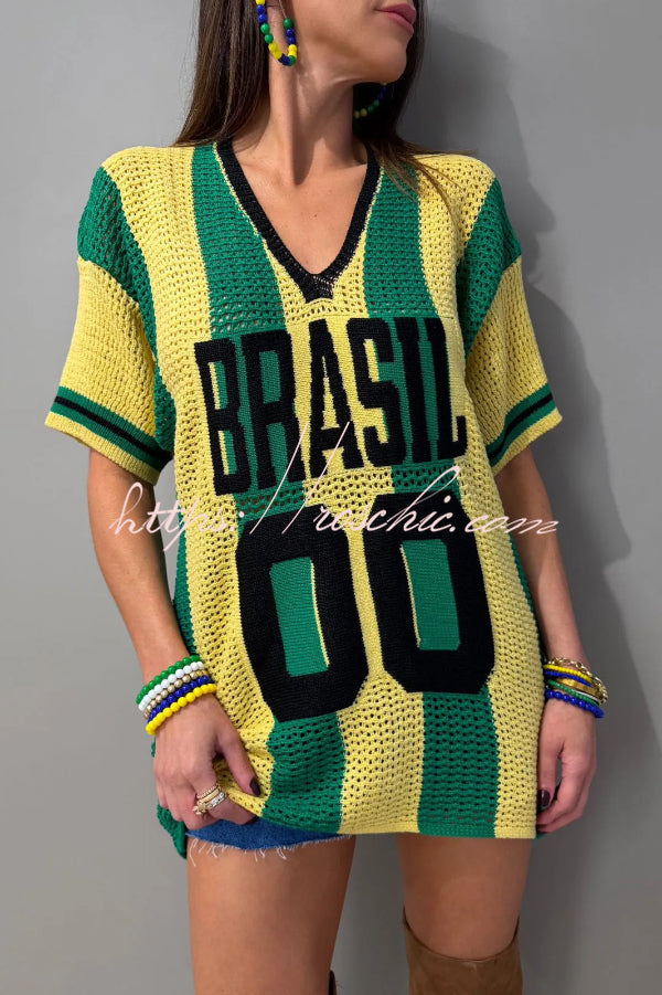 World Cup Letter Jacquard Loose V-neck Short-sleeved Knit Top