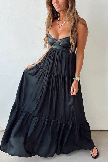 Stylish Leather Patchwork Suspender Casual Vacation Style Maxi Dresses