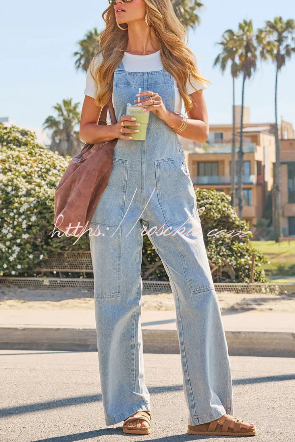 Stylish Loose Pockets Side Buttons Wide-leg Denim Jumpsuit