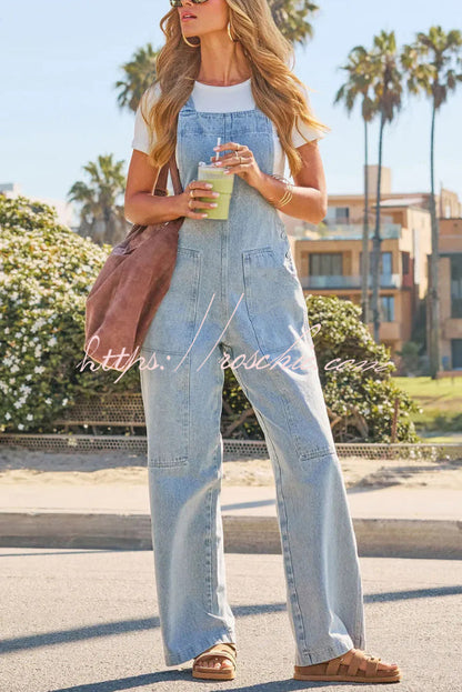 Stylish Loose Pockets Side Buttons Wide-leg Denim Jumpsuit