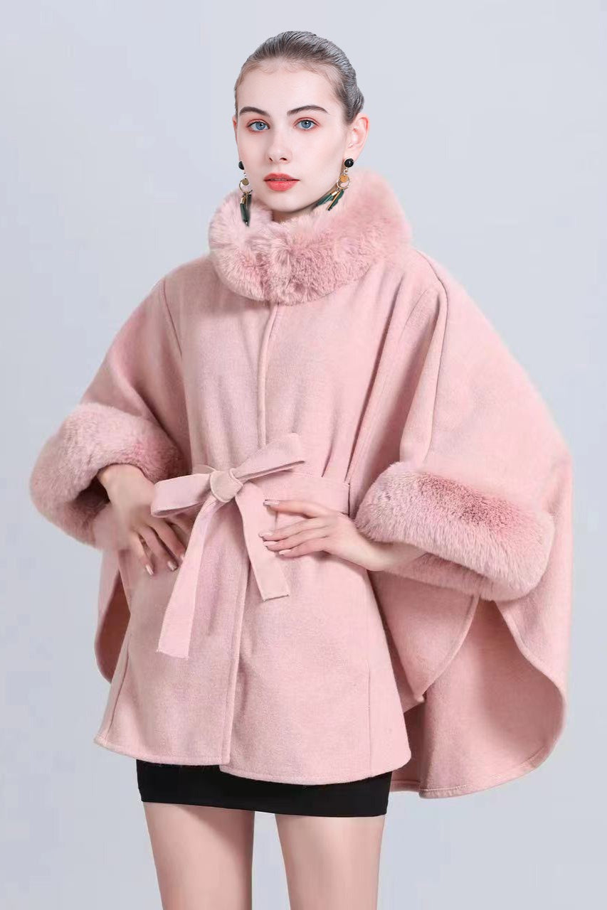 Cárdigan de punto con cuello de piel y lazo, capa suelta de mezcla de lana