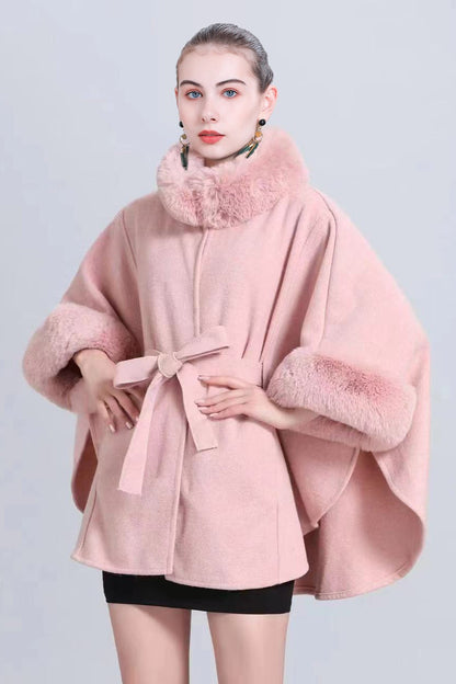 Cárdigan de punto con cuello de piel y lazo, capa suelta de mezcla de lana