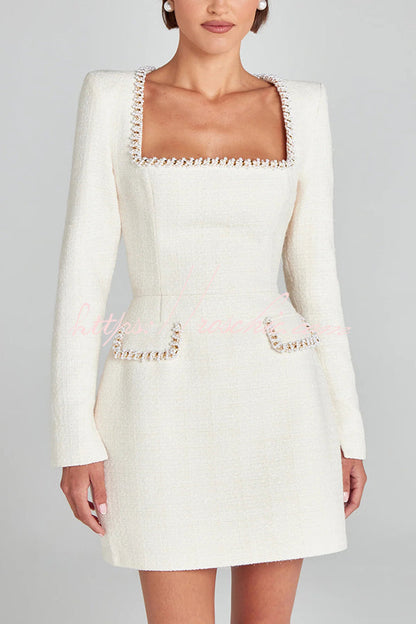 Girly and Glamorous Tweed Fabric Pearl Trim Long Slit Sleeve Pocketed Mini Dress (Shipped Within 24 Hours)