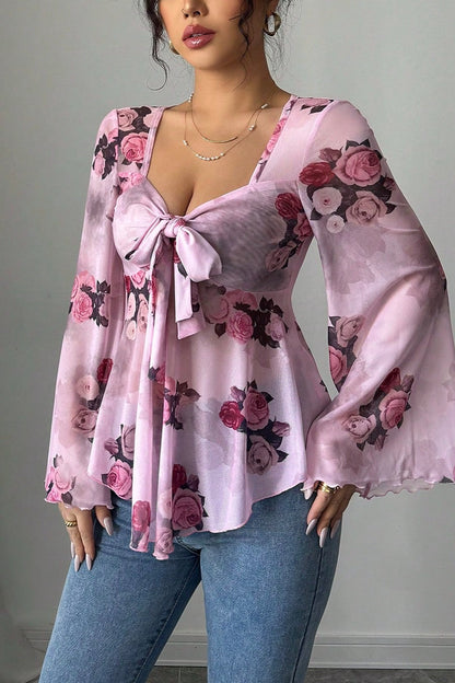 Blusa Manga Larga con Cuello Cuadrado, Diseño Floral Tie Dye y Lazos