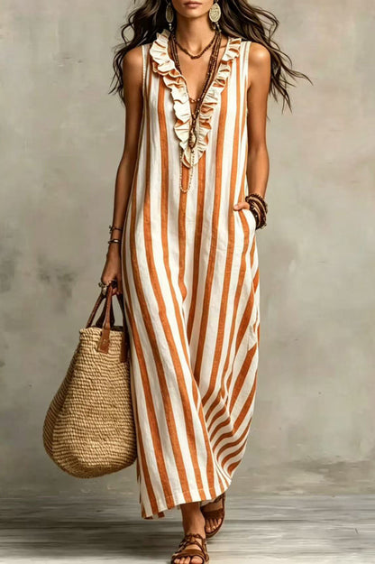 Fashionable Striped Print V-neck Ruffled Sleeveless Pockets Casual Midi Dress