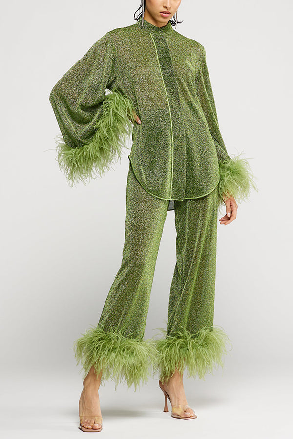Glitter Fabric Feather Trim Long Sleeve Button Top and Elastic Waist Loose Straight Pants Set