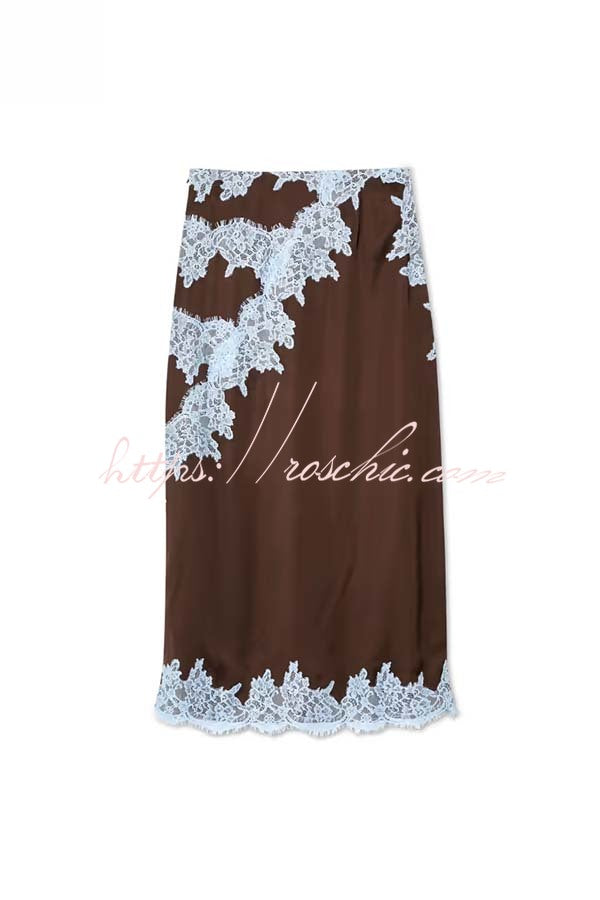 Sunday Social Contrast Color Satin Lace Trim Mid Rise Maxi Skirt (Shipped Within 24 Hours)