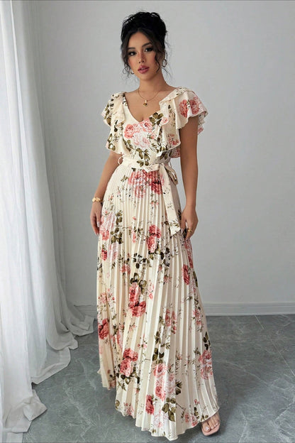 Vestido largo elegante plisado con cuello en V, estampado floral y manga con volantes