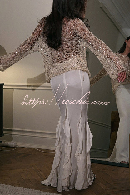 Fashion Sequined Hollow Long Sleeve Loose Knit Top