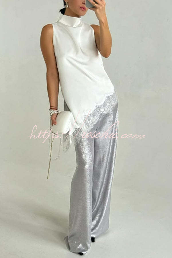 Solid Color Satin Spliced lace Sleeveless Irregular Casual Top