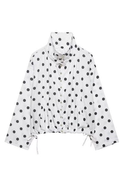 Polka Dot Print Loose Stand Collar Button Bow Tie Casual Long-sleeved Jacket