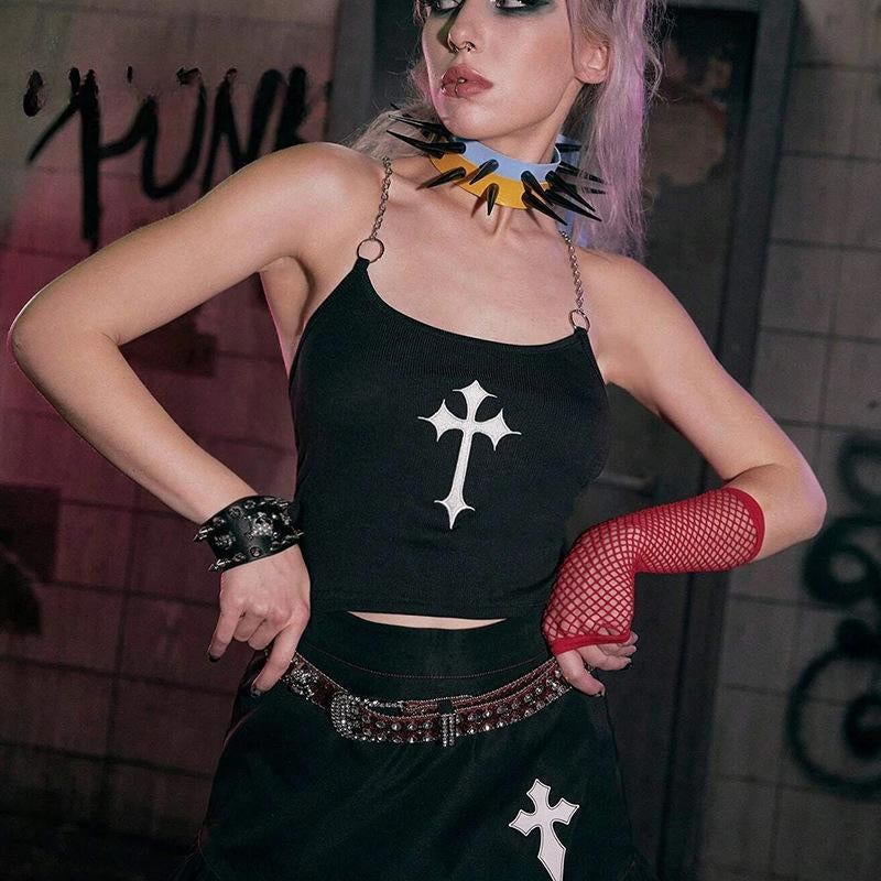 Mysterious  Chain Black Cross Print Black Crop Top