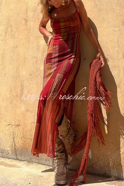 Gypsy Style Unique Print Cowl Neck Back Lace-up Slit Midi Dress