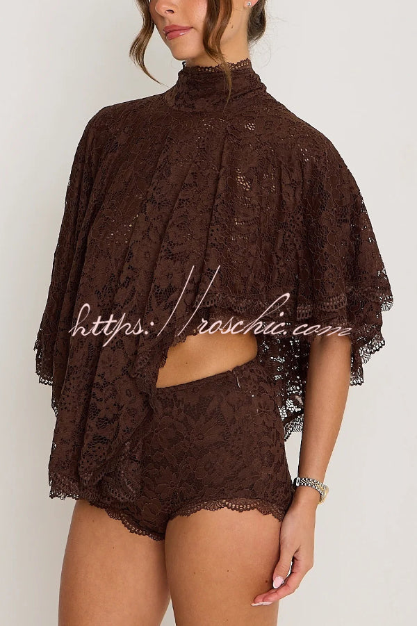 Stylish Openwork Lace Loose Top and Side Zipper Slim-fit Shorts Set