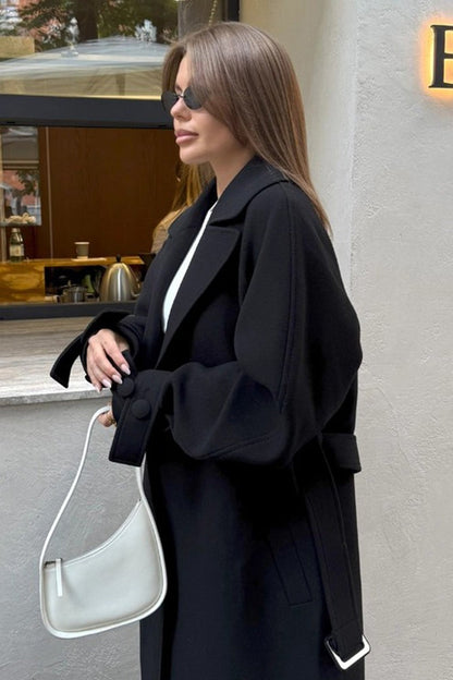 Abrigo largo de mezcla de lana con cinturón, holgado y elegante
