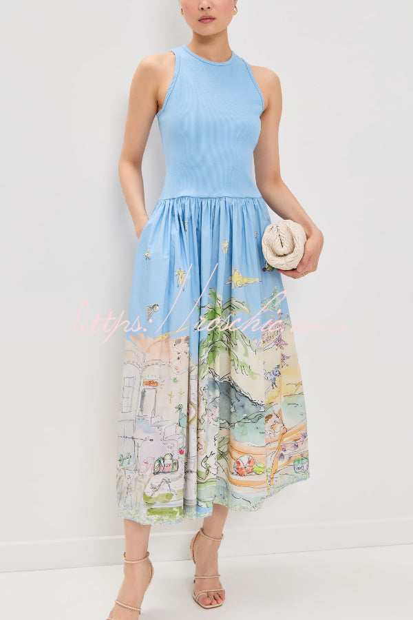 Ink Wash Print Round Neck Sleeveless Resort-style Midi Dress
