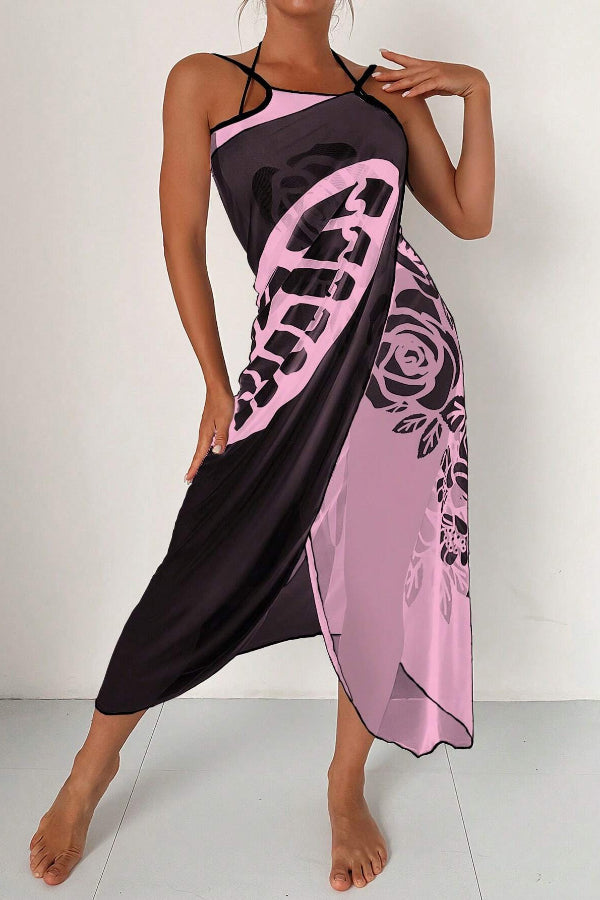 Fashionable Color-blocked Butterfly Print Resort Cover-up Midi Dress