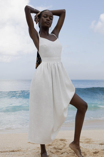 Vestido Midi Elegante de Algodón con Tirantes Finos Escote en V y Espalda Descubierta Anudada