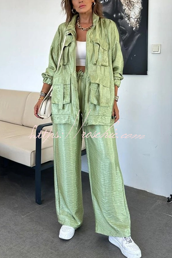 Easy on Me Metallic Fabric Elastic Waist Pocketed Wide Leg Pants (Shipped Within 24 Hours)