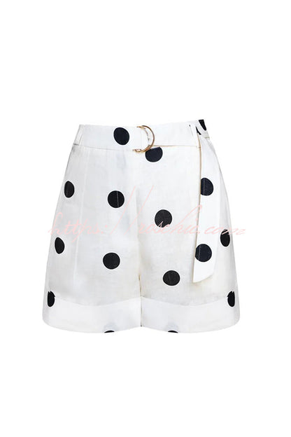 Gabby Linen Blend Polka Dot Tie-up Lapel Halter Vest and Metal Ring Belt Loose Shorts Set