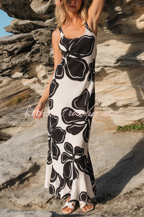 Color-blocked Floral Print Sleeveless Slim-fit Elegant Ruffled Hem Maxi Dress