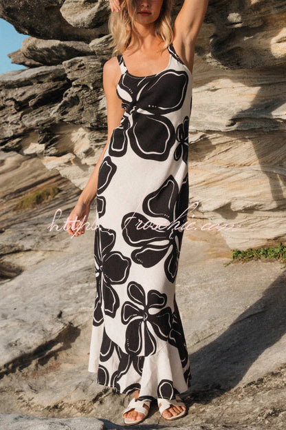 Color-blocked Floral Print Sleeveless Slim-fit Elegant Ruffled Hem Maxi Dress