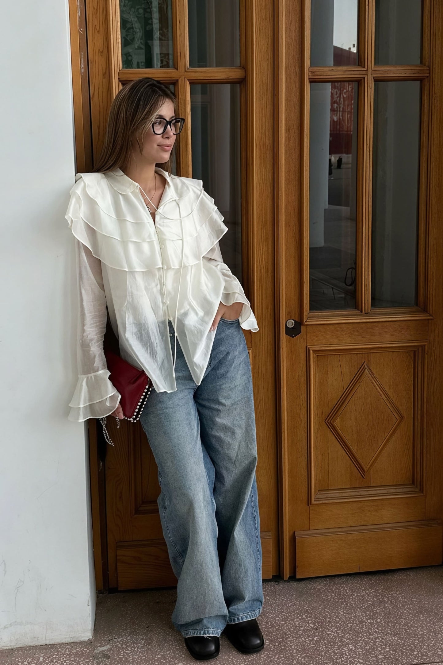 Blusa de chifón Tencel con volantes en las mangas y vuelo