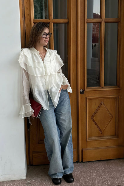 Blusa de chifón Tencel con volantes en las mangas y vuelo