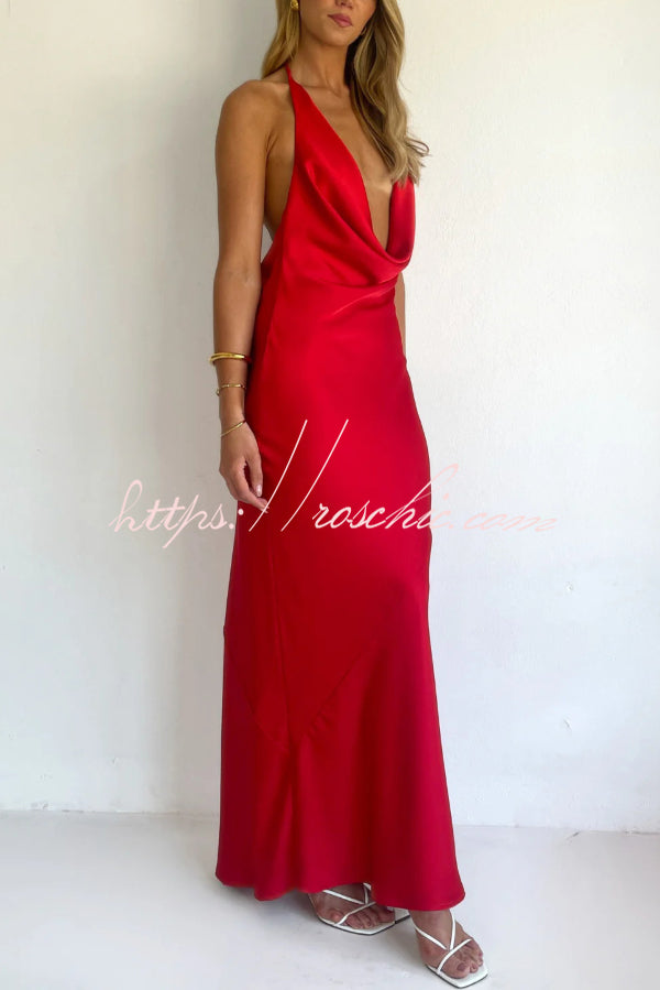 Solid Color Halter Neck Tie Backless Slim Fit Drape Maxi Dress