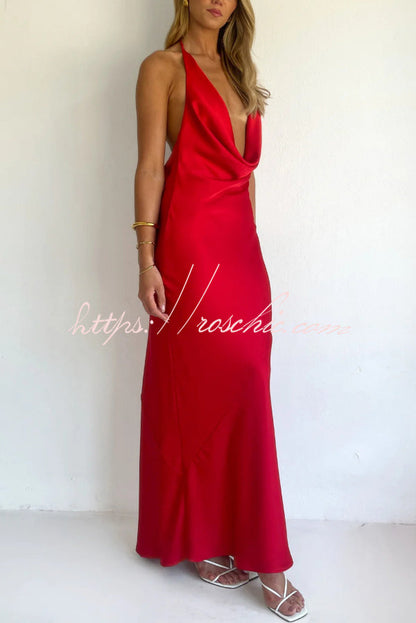 Solid Color Halter Neck Tie Backless Slim Fit Drape Maxi Dress