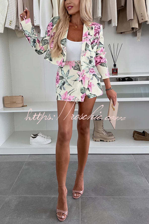 Picture Perfect Botanical Floral Print Long Sleeve Lapel Crop Blazer