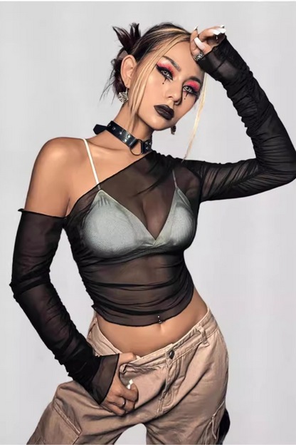 Slim Mesh Short Chic Long Sleeve Crop Top