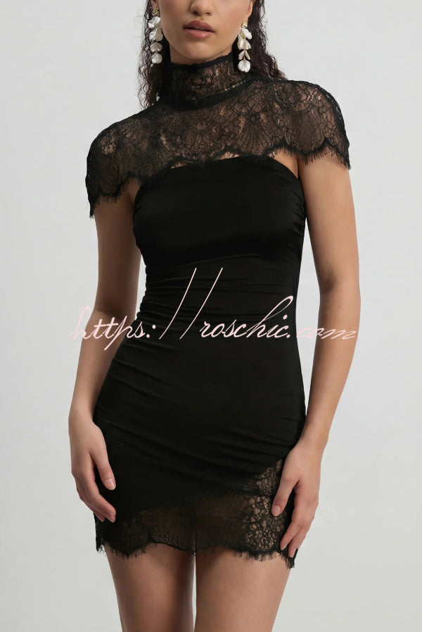 Fashionable Lace Shawl Strapless Slim-fit Lace Hem Mini Dress