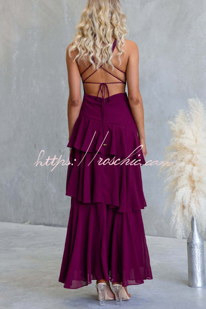 Solid Color V-neck Sleeveless Elegant Layered Maxi Dress