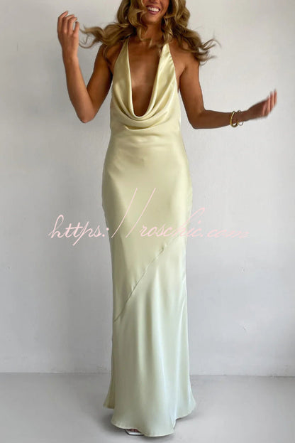 Solid Color Halter Neck Tie Backless Slim Fit Drape Maxi Dress