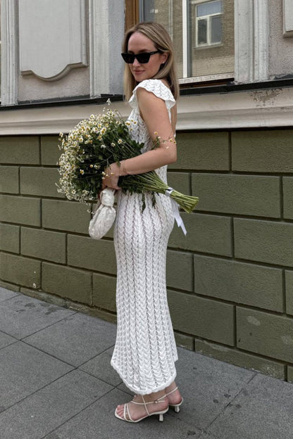 Vestido maxi pastoral de punto con cuello de pico y volantes franceses