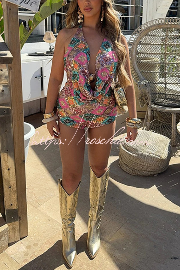 Stylish Sequined Shell-embellished Top and Casual Slim-fit Shorts Set