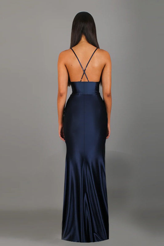 Satin V-Neck Slit Party Dress