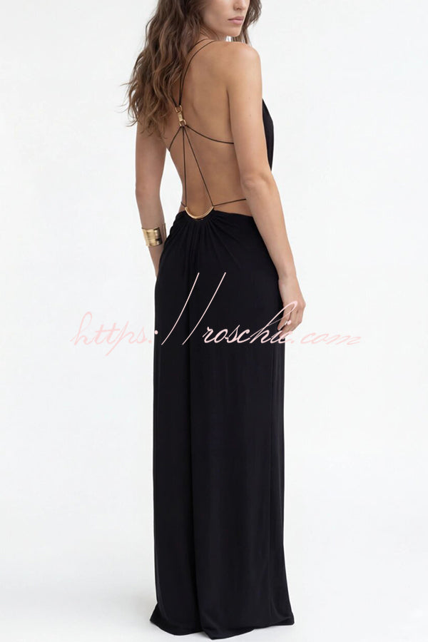 Athena Metal-Link Cutout Design Back Lace-up Drape Maxi Dress