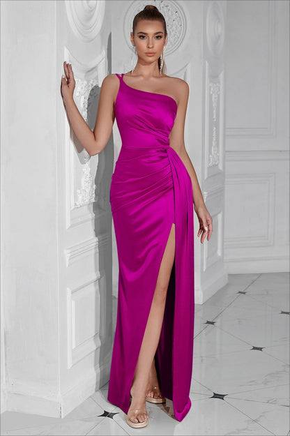 One Shoulder Ruched Waist Slit  Formal Dress
