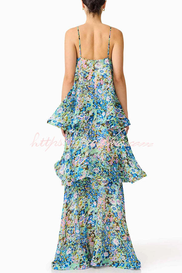 Armani Georgette Fabric Floral Print Tiered Slip Square Neck A-line Maxi Dress
