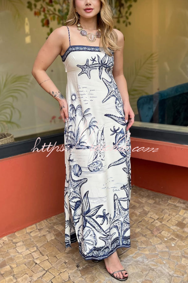 Starfish Print Sleeveless Square Neckline Back Tie-up Vacation Maxi Dress